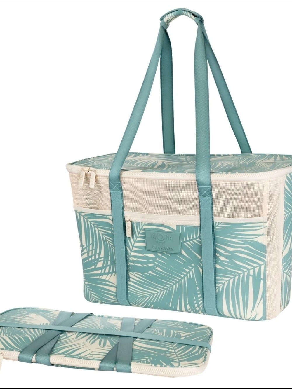 ALOHA Collection Collapsible Beach Tote Bag, Aqua Teal Palm Print Tote Bag, 42L